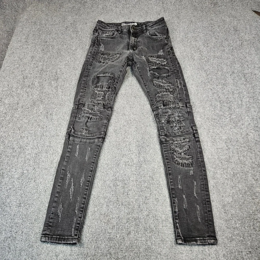 Crysp Denim Men 28 Black Distressed Moto Biker Skinny Jeans Ripped Panel Details